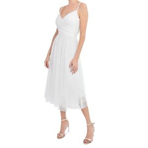 Elegant White Tulle Mesh Overlay Midi Tea Length Dress Size 0